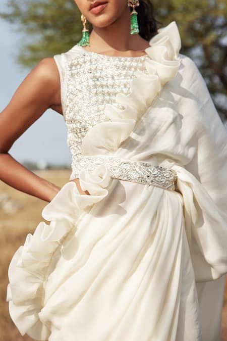 Buy_Mishru_White Blouse Chanderi, Saree Natural Crepe Mirror And Genevive Ruffle With_Online_at_Aza_Fashions