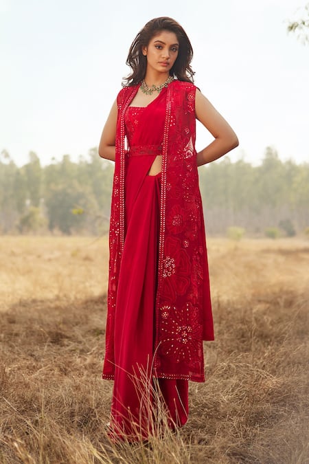 Mishru Red Organza Embroidered Mirror Square Neck Delilah Jacket Saree Set  