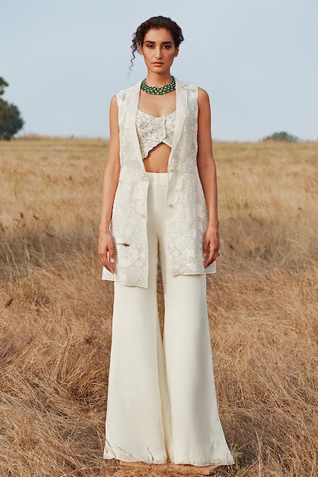 Mishru_White Blazer And Pant-organza, Crop Top-chanderi Floral Brielle & Pant Set _Online_at_Aza_Fashions