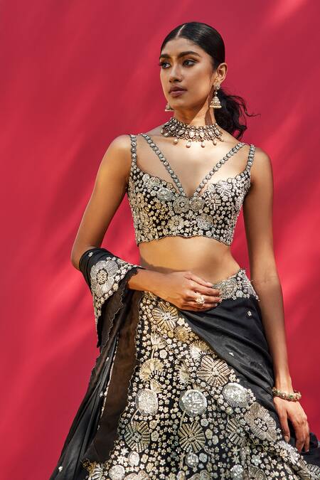 Shop Mishru Black Blouse- Chanderi, Dupatta -silk, Sylvie Embroidered Lehenga Set Online at Aza Fashions Shop_Mishru_Black Blouse- Chanderi, Dupatta -silk, Sylvie Embroidered Lehenga Set_Online_at_Aza_Fashions