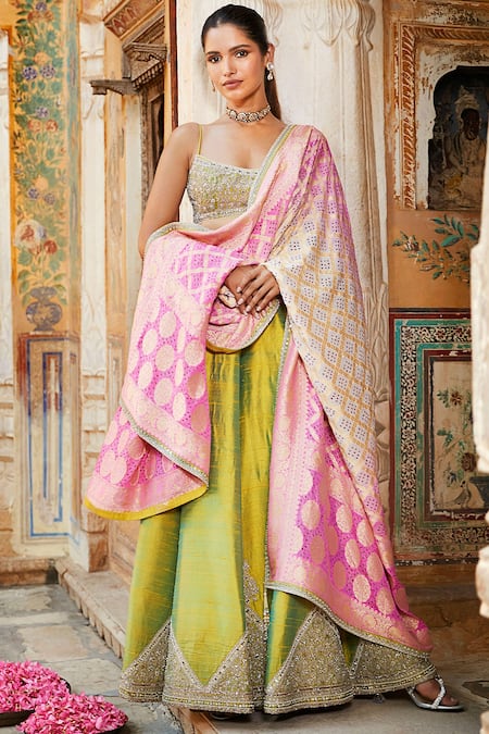 Matsya_Green Silk Mirror, Kachi Dori And Zardozi Scoop Neck The Aurum Temple Sharara Set _Online_at_Aza_Fashions