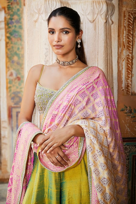 Buy_Matsya_Green Silk Mirror, Kachi Dori And Zardozi Scoop Neck The Aurum Temple Sharara Set _Online_at_Aza_Fashions