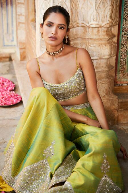 Shop_Matsya_Green Silk Mirror, Kachi Dori And Zardozi Scoop Neck The Aurum Temple Sharara Set _Online_at_Aza_Fashions