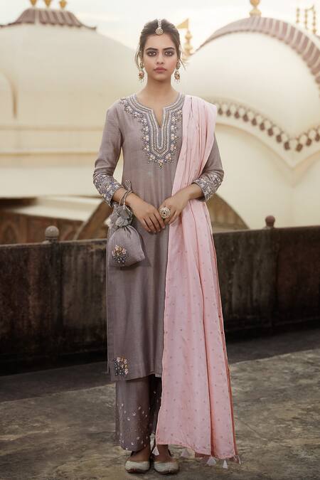 Shop_Matsya_Beige Chanderi Silk Embroidery Sequin Notched Kurta Palazzo Set  _at_Aza_Fashions