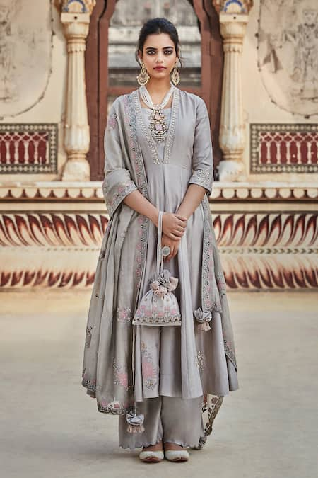 MATSYA Grey Chanderi Silk Embroidery Sequin And Thread V Neck Anarkali Set 