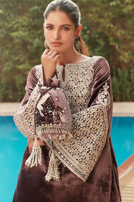 Matsya_Purple Velvet Kachi Dori And Zardozi Keyhole Royal Persian Temple Sharara Set _Online_at_Aza_Fashions