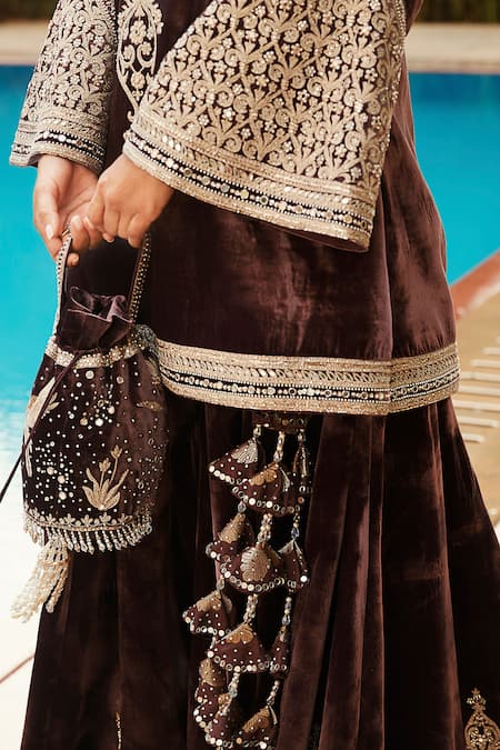 Buy_Matsya_Purple Velvet Kachi Dori And Zardozi Keyhole Royal Persian Temple Sharara Set _Online_at_Aza_Fashions