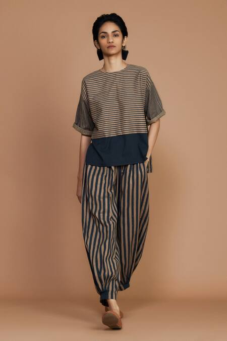 MATI_1 Brown Cotton Striped, Draped High Neck Top And Balloon Pant Set Online at Aza Fashions MATI_1_Brown Cotton Striped, Draped High Neck Top And Balloon Pant Set _Online_at_Aza_Fashions