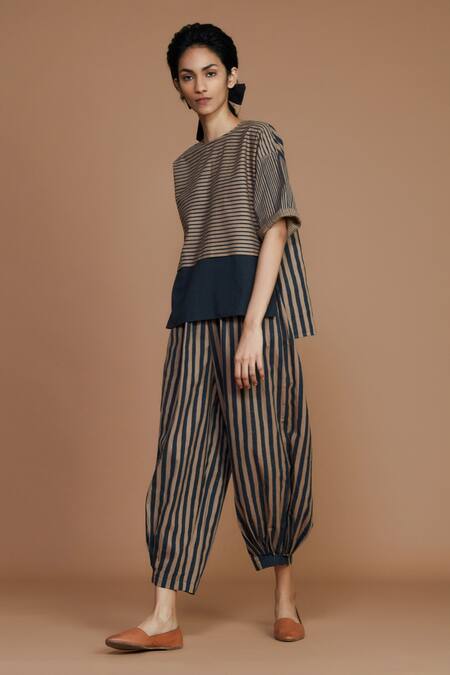 Buy MATI_1 Brown Cotton Striped, Draped High Neck Top And Balloon Pant Set Online at Aza Fashions Buy_MATI_1_Brown Cotton Striped, Draped High Neck Top And Balloon Pant Set _Online_at_Aza_Fashions