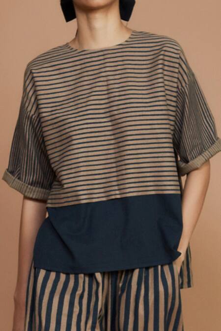 Shop MATI_1 Brown Cotton Striped, Draped High Neck Top And Balloon Pant Set Online at Aza Fashions Shop_MATI_1_Brown Cotton Striped, Draped High Neck Top And Balloon Pant Set _Online_at_Aza_Fashions