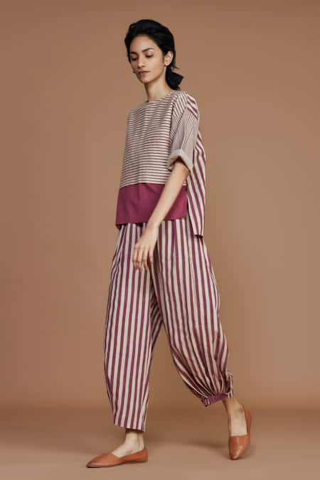 Buy MATI_1 Pink Cotton Striped High Neck High-low Tunic Online at Aza Fashions Buy_MATI_1_Pink Cotton Striped High Neck High-low Tunic _Online_at_Aza_Fashions