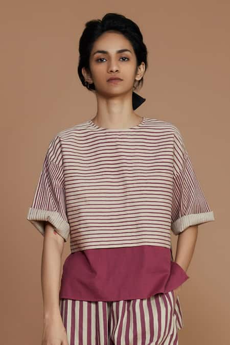 Shop MATI_1 Pink Cotton Striped High Neck High-low Tunic Online at Aza Fashions Shop_MATI_1_Pink Cotton Striped High Neck High-low Tunic _Online_at_Aza_Fashions
