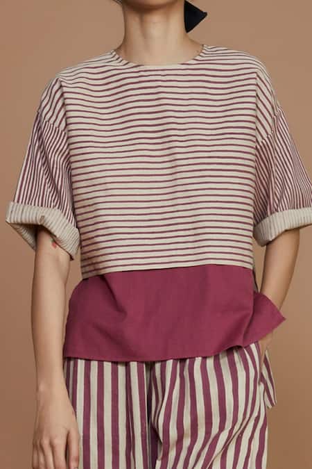 MATI_1 Pink Cotton Striped High Neck High-low Tunic at Aza Fashions MATI_1_Pink Cotton Striped High Neck High-low Tunic _at_Aza_Fashions