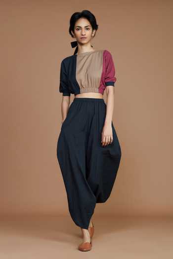 MATI_Grey Cotton Colour Block High Neck Top And Dhoti Pant Set_Online_at_Aza_Fashions