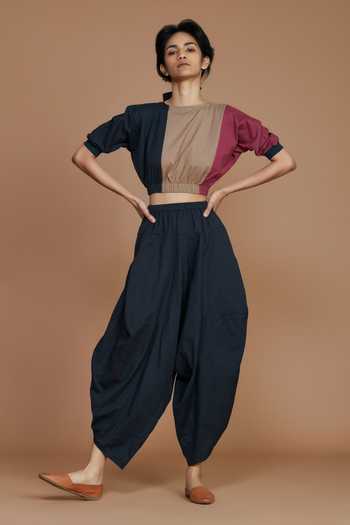 Buy_MATI_Grey Cotton Colour Block High Neck Top And Dhoti Pant Set_Online_at_Aza_Fashions