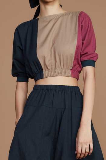 Shop_MATI_Grey Cotton Colour Block High Neck Top And Dhoti Pant Set_Online_at_Aza_Fashions