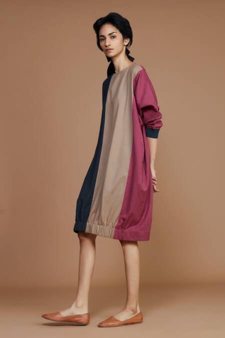 Buy_MATI_Grey Cotton Colour Block High Neck T-shirt Dress_Online_at_Aza_Fashions