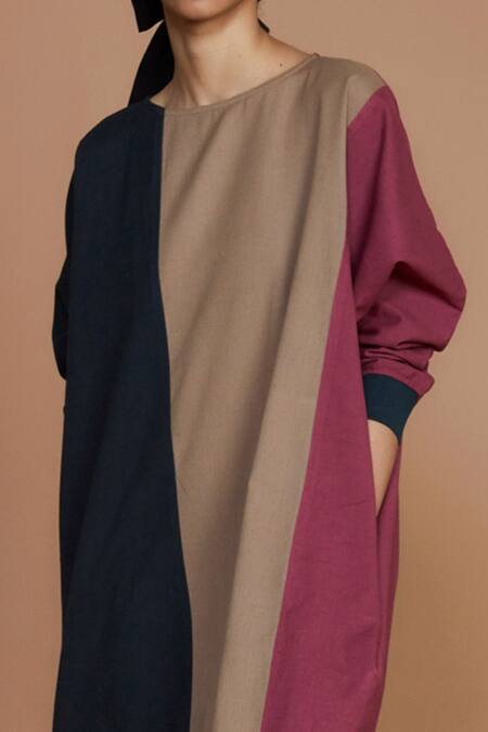 MATI_Grey Cotton Colour Block High Neck T-shirt Dress_at_Aza_Fashions