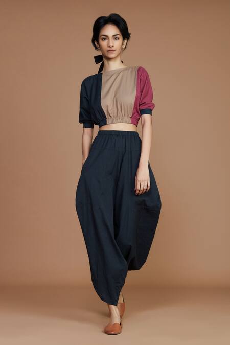 MATI_Grey Cotton Colour Block High Neck Crop Top_Online_at_Aza_Fashions