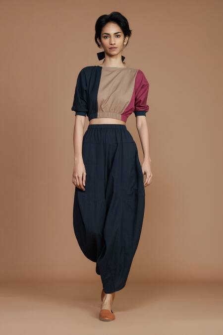 Buy_MATI_Grey Cotton Colour Block High Neck Crop Top_Online_at_Aza_Fashions