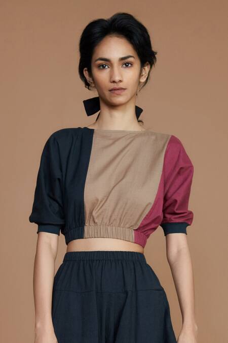 Shop_MATI_Grey Cotton Colour Block High Neck Crop Top_Online_at_Aza_Fashions