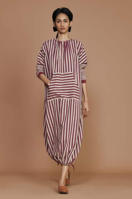 MATI Pink Cotton Hand Woven Striped High Neck Kangaroo Pocket Dress 