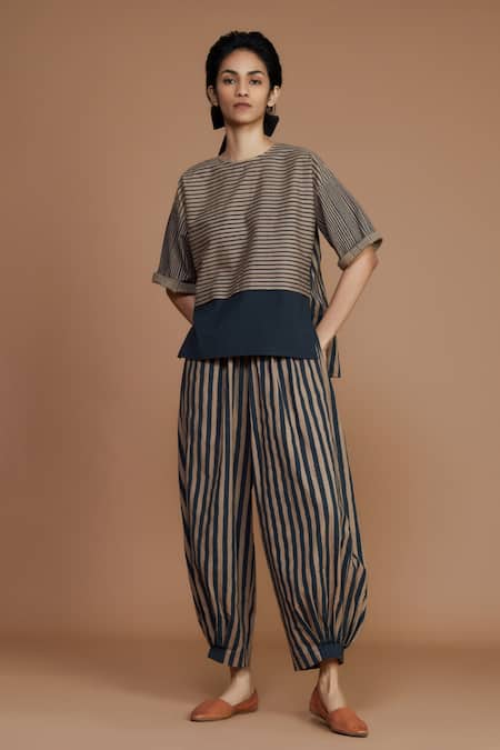 MATI_1 Brown Cotton Striped Balloon Pant Online at Aza Fashions MATI_1_Brown Cotton Striped Balloon Pant _Online_at_Aza_Fashions