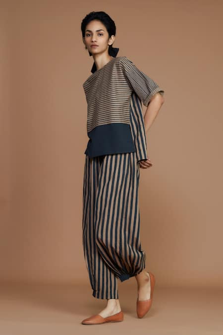 Shop MATI_1 Brown Cotton Striped Balloon Pant Online at Aza Fashions Shop_MATI_1_Brown Cotton Striped Balloon Pant _Online_at_Aza_Fashions