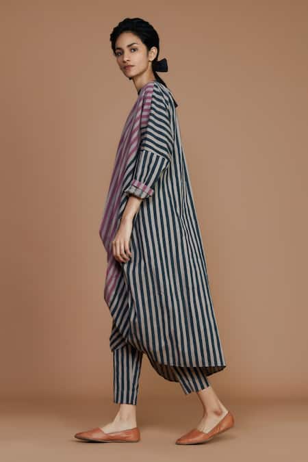 MATI_1_Grey 100% Cotton Stripes Round Tunic Dress And Pant Set_Online_at_Aza_Fashions
