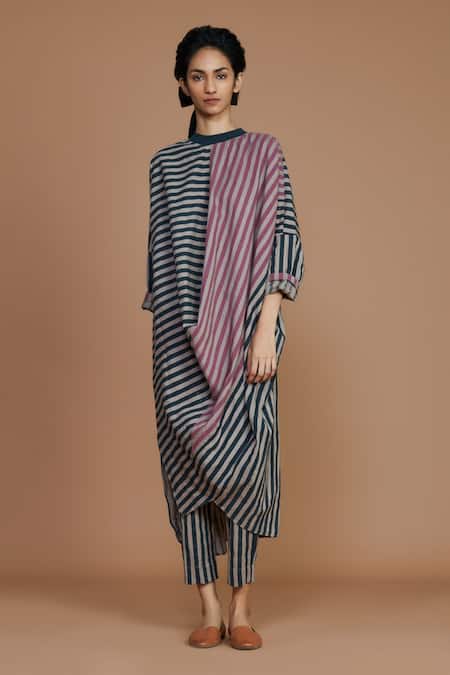 Buy_MATI_1_Grey 100% Cotton Stripes Round Tunic Dress And Pant Set_Online_at_Aza_Fashions