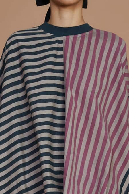 Shop_MATI_1_Grey 100% Cotton Stripes Round Tunic Dress And Pant Set_Online_at_Aza_Fashions