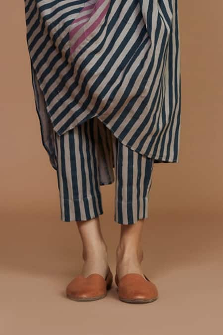 MATI_1_Grey 100% Cotton Stripes Round Tunic Dress And Pant Set_at_Aza_Fashions