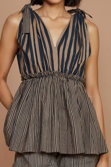 MATI_Brown 100% Cotton Stripes V Neck Top And Shorts Set_at_Aza_Fashions