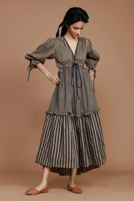 MATI_Brown 100% Cotton Stripes V Neck Tiered Dress_Online_at_Aza_Fashions