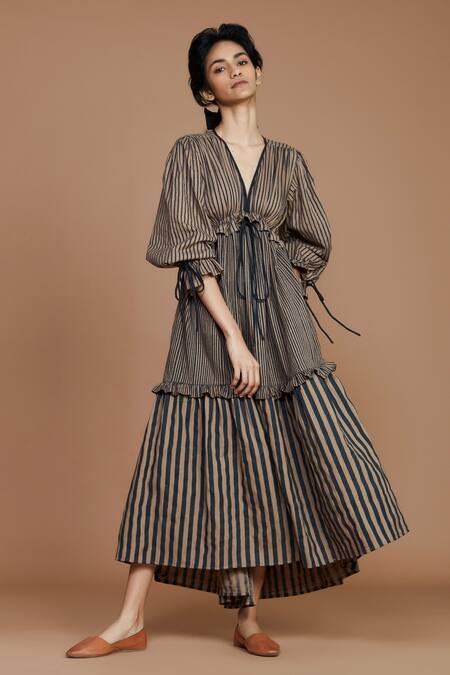 Buy_MATI_Brown 100% Cotton Stripes V Neck Tiered Dress_Online_at_Aza_Fashions