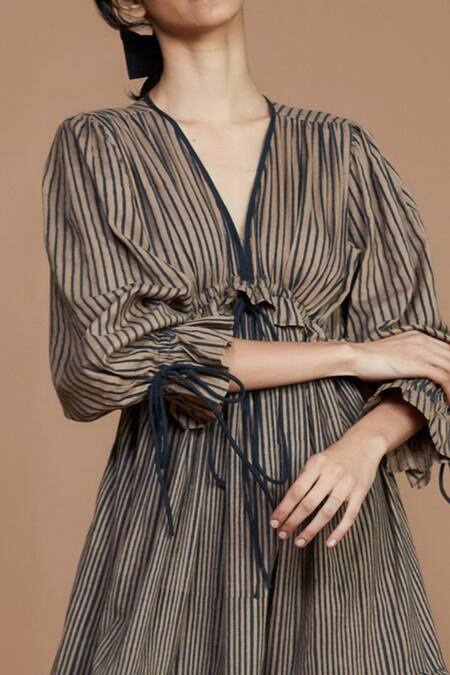 MATI_Brown 100% Cotton Stripes V Neck Tiered Dress_at_Aza_Fashions