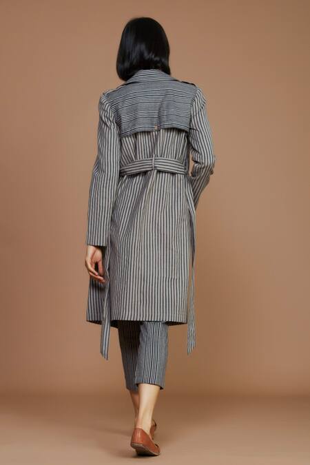 Shop MATI_1 Grey 100% Cotton Stripes Corset Sweetheart, Trench Coat Notched And Pant Set at Aza Fashions Shop_MATI_1_Grey 100% Cotton Stripes Corset Sweetheart, Trench Coat Notched And Pant Set_at_Aza_Fashions