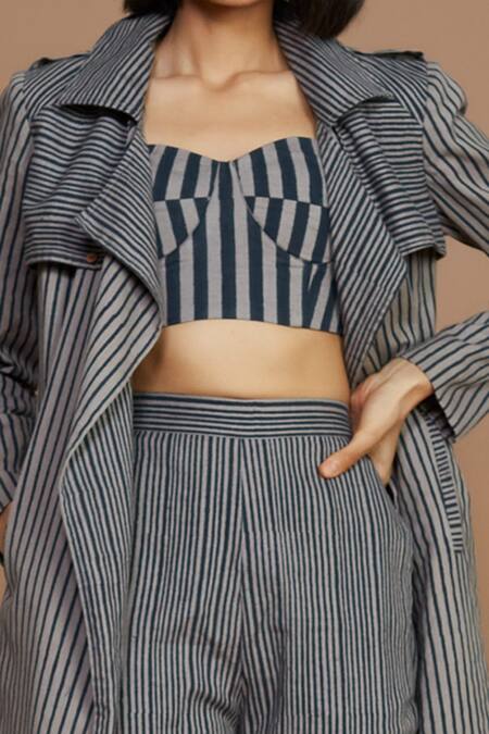 Shop MATI_1 Grey 100% Cotton Stripes Corset Sweetheart, Trench Coat Notched And Pant Set Online at Aza Fashions Shop_MATI_1_Grey 100% Cotton Stripes Corset Sweetheart, Trench Coat Notched And Pant Set_Online_at_Aza_Fashions
