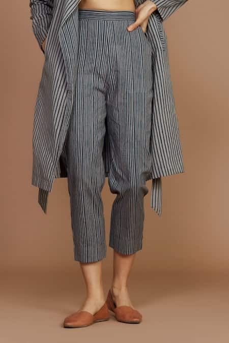 MATI_1 Grey 100% Cotton Stripes Corset Sweetheart, Trench Coat Notched And Pant Set at Aza Fashions MATI_1_Grey 100% Cotton Stripes Corset Sweetheart, Trench Coat Notched And Pant Set_at_Aza_Fashions