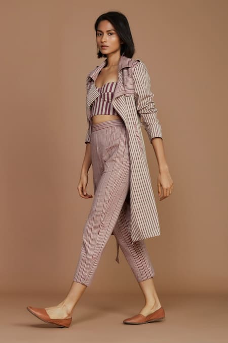 MATI_Pink 100% Cotton Stripes Corset Sweetheart, Trench Coat Notched And Pant Set_Online_at_Aza_Fashions