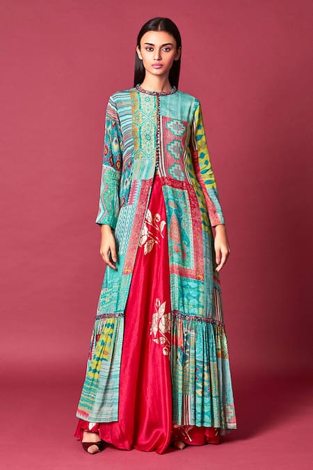 Saundh Blue Printed Jacket Kurta And Skirt Set