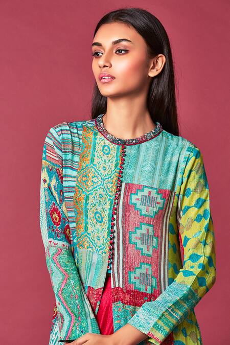 Saundh Blue Printed Jacket Kurta And Skirt Set Online at Aza Fashions Saundh_Blue Printed Jacket Kurta And Skirt Set_Online_at_Aza_Fashions