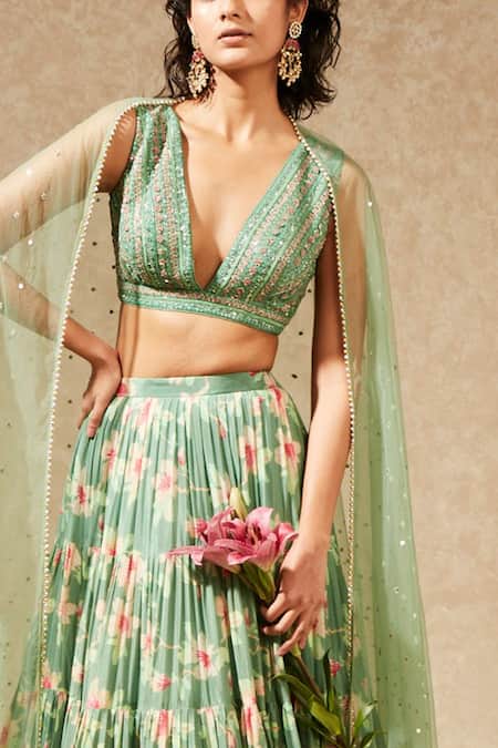 Chamee And Palak_Green Blouse Silk, Dupatta Tulle, Lehenga Georgette Floral, Print Set_Online_at_Aza_Fashions