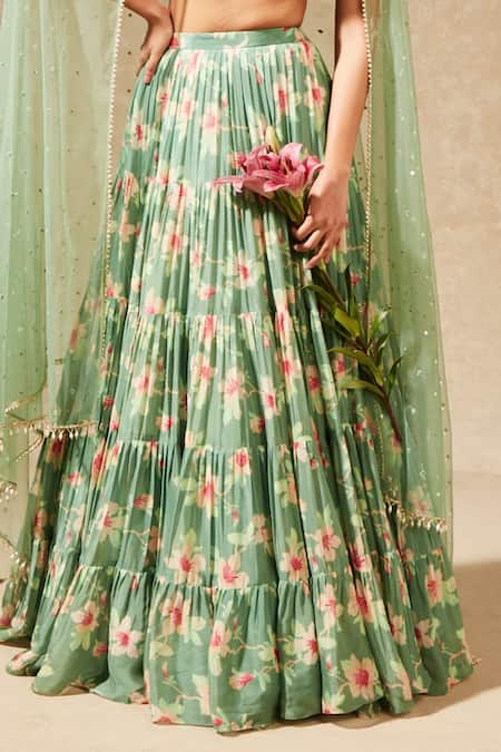 Buy_Chamee And Palak_Green Blouse Silk, Dupatta Tulle, Lehenga Georgette Floral, Print Set_Online_at_Aza_Fashions
