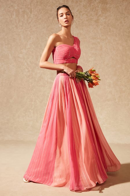 Chamee and Palak Pink Lehenga Georgette Embroidered Stripes With Blouse 