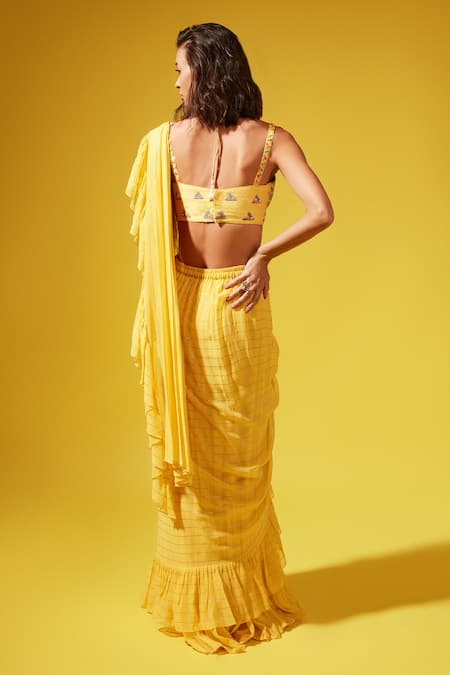 Shop_Chamee And Palak_Yellow Lehenga Georgette Embroidered Pre-draped Ruffle Saree With Blouse _at_Aza_Fashions