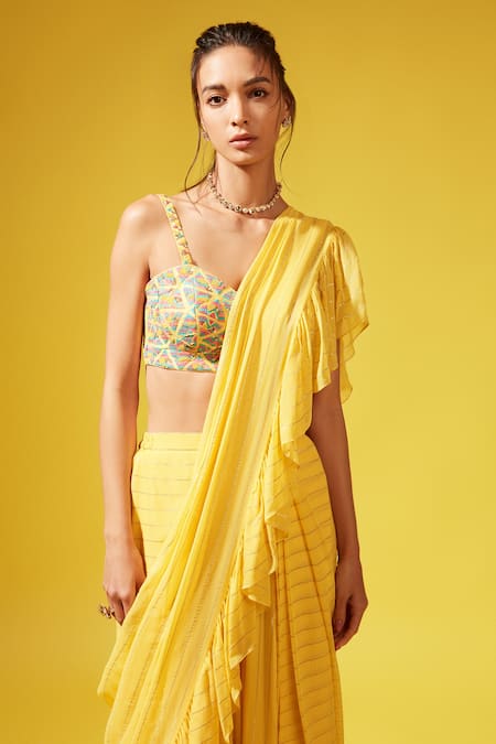 Chamee And Palak_Yellow Lehenga Georgette Embroidered Pre-draped Ruffle Saree With Blouse _Online_at_Aza_Fashions