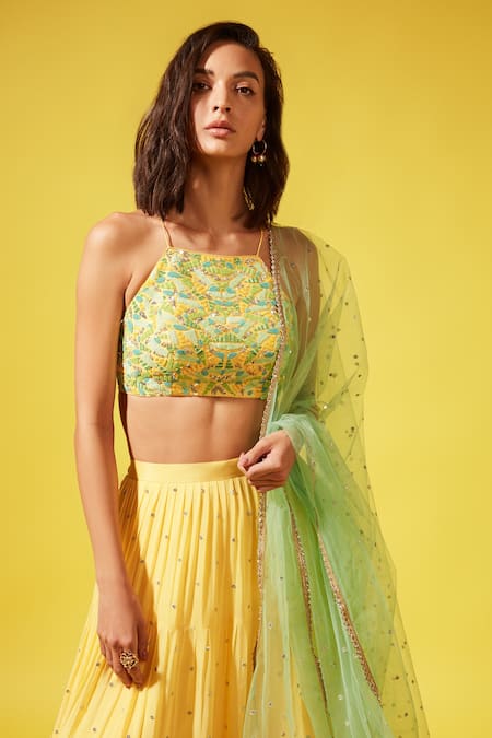 Chamee And Palak_Yellow Blouse Silk, Dupatta Tulle, Lehenga Georgette Halter Embroidered Set_Online_at_Aza_Fashions