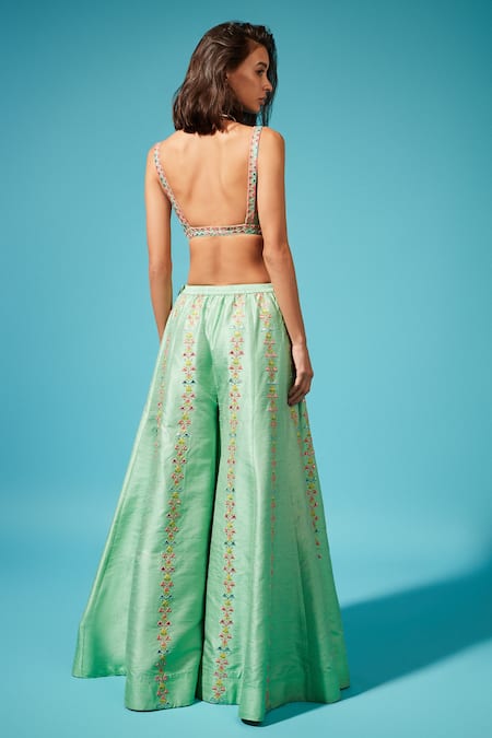 Chamee And Palak_Blue Bustier And Pants Raw Silk, Jacket Georgette Embroidered Cape & Palazzo Set_Online_at_Aza_Fashions