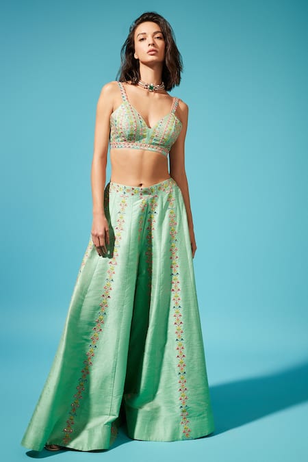 Buy_Chamee And Palak_Blue Bustier And Pants Raw Silk, Jacket Georgette Embroidered Cape & Palazzo Set_Online_at_Aza_Fashions